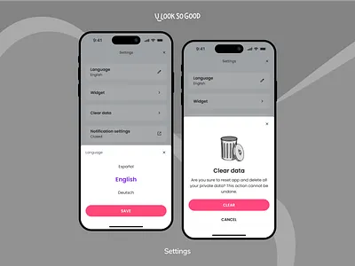U Look So Good: Settings account bin bottom sheet cache clear data delete design dialog language mobile multilingual picker profile selection set settings trash ui ux