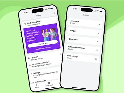 U Look So Good: Profile account actions clear coach cycle data health information language list mobile notification personal profile settings tracker ui ux wellness widget