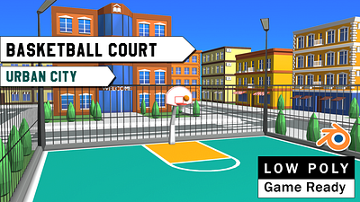 Low Poly Game Ready Basketball Court in Urban City 3d 3d basketball 3d models 3d scene 3d urban city 3dpoly.art basketball game low poly low poly basketball webgl game