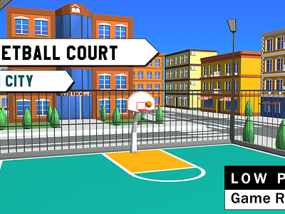 Low Poly Game Ready Basketball Court in Urban City 3d basketball 3d models 3d scene 3d urban city 3dpoly.art basketball basketball game low poly low poly basketball webgl game