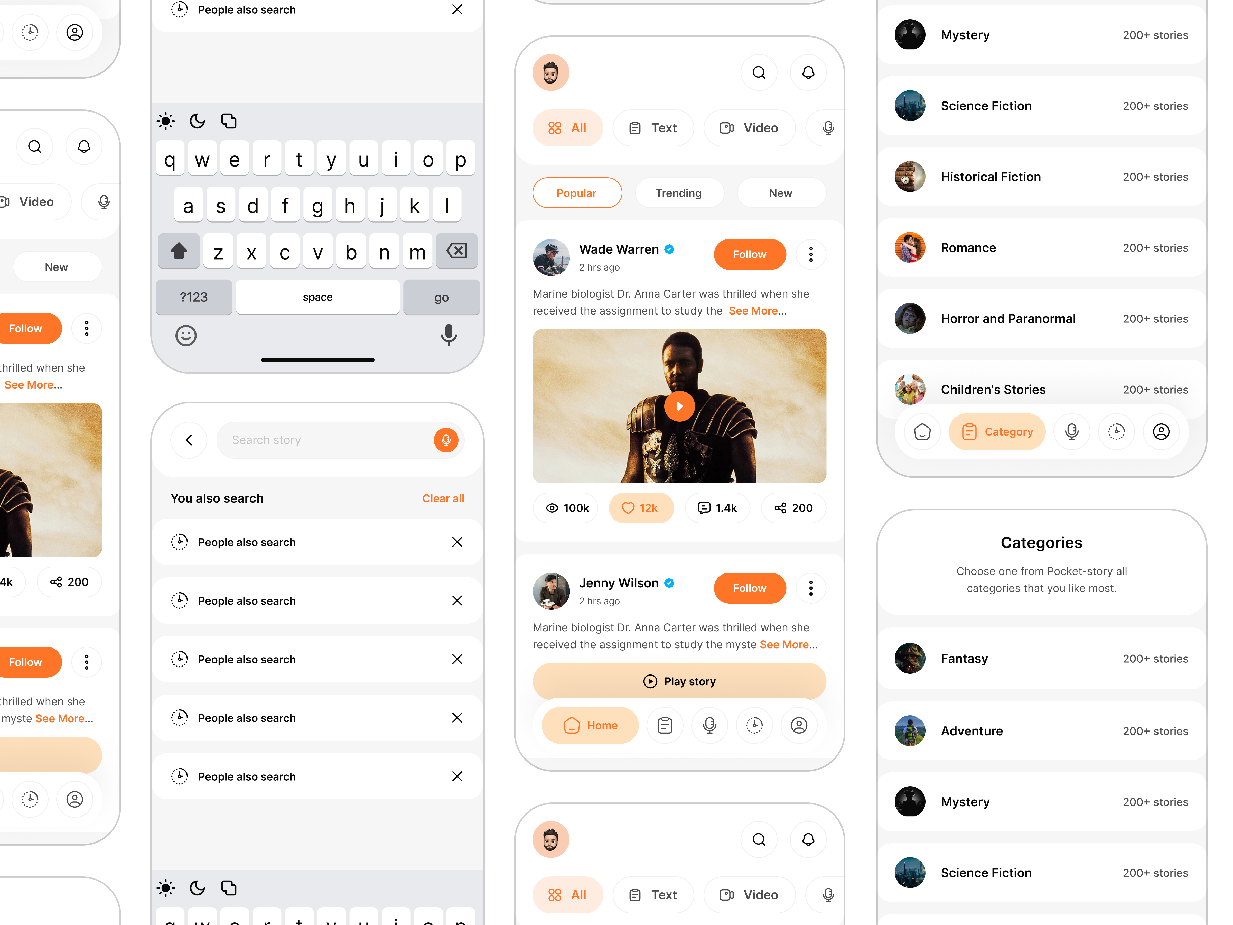 Storybook mobile app ai ai story app ui audio clean feed minimal mobile app podcast search social media story ui user profile