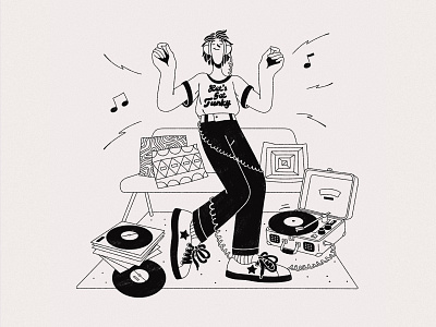 Vinyl black and white black ink boy dance funky graphic diary headphones illustration music notes pillows sketch sneakers stars thin line vinyl turntable