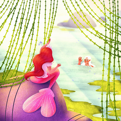 A mermaid peeks at the prince book illustration cartoon character character character design childrens illustration girl illustration illustration