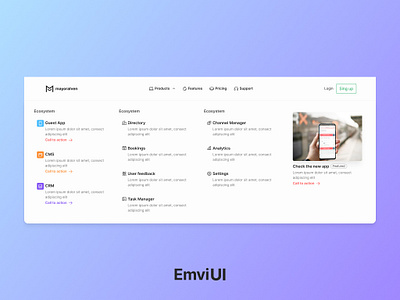 Mega menu - EmviUI app design emviui figma header mayoralven mega menu menu navbar product design ui ui kit ux