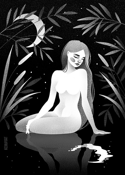 Reflections black and white botanical design digital illustration jennypoart moon nature night procreate reflections stippling woman