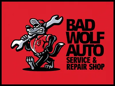 Bad Wolf Auto Mechanic Mascot Logo auto shop cartoon dasedesigns design illustration logo design mascot mascot logo mechanic retro sports logo vintage vintage mascot wolf wolf logo wolves