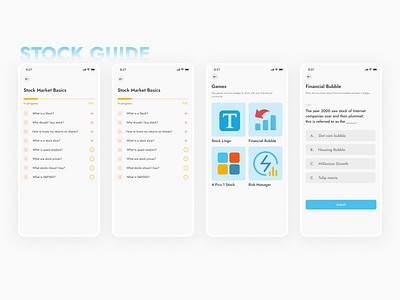 Stock App Guide android app blue demo finance fintech game gamify guide mobile mobile app money news product design quiz transaction tutorial ui ux
