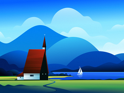 Farm Life art cloud design digital illustration draw house illustration landscape mountain nature painting people sailboat sky tree village wallpaper