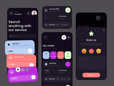 Laundry App - Dark Mode android bold cards clean clothes colors dark mode design emoticon ios iphone laundry order service typography ui user interface ux vibrant work