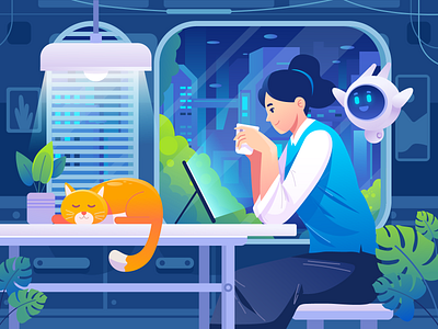 Cozy Night: A Woman, Her Cat, and a Robot Companion blue cat chilling cityscape coffee cozy design flat illustration futuristic graphic design illustration illustrations mood night reading robot ui vector illustration woman workspace