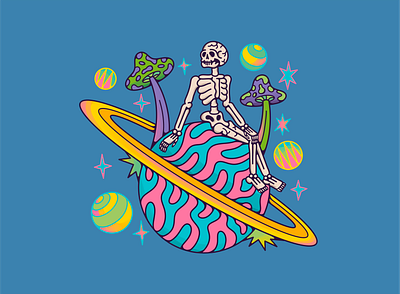 Regret album branding colorful death design flower graphic design illustration merch mushroom playful psychedelic skull soul space star ui universe vibrant
