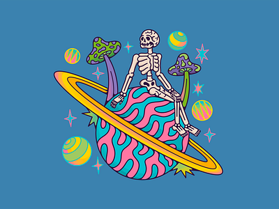 Regret album branding colorful death design flower graphic design illustration merch mushroom playful psychedelic skull soul space star ui universe vibrant