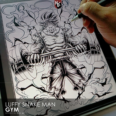 LUFFY SNAKE MAN GYM (ink) apparel bodybuilding character clothing clothing brand fitness gym illustration luffy luffy snake man merchendise monster muscle nft one piece one piece fanart poster design snake man tshirt design workout