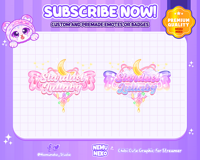 🌜Special Custom Cute Vtuber Logo Stardust Lullaby by Nemuneko🌹 animation branding chibi emotes cute emotes design graphic design illustration logo text pink text purple theme sky sky theme space star stardust twitch emotes vtuber logo