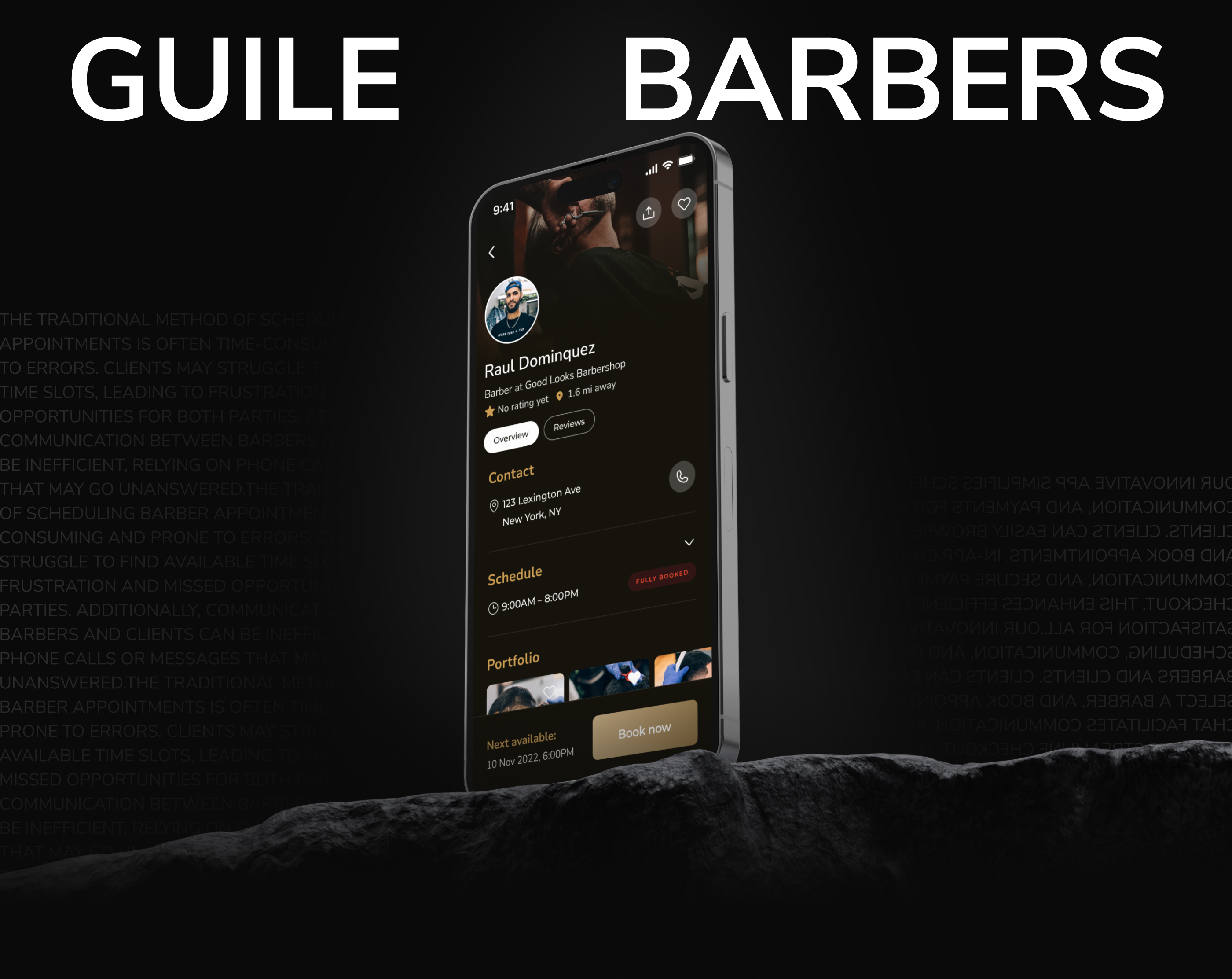 Guile: Mobile UI/UX for barbershops animation app barber black calendar case study clean dark design homepage interface mobile design motion motion graphics profile settings sign in ui ux