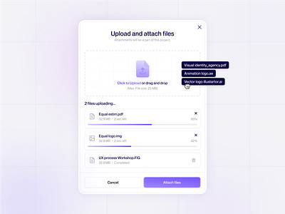 ✦ Upload and attach files modal app design button cards clean documents drag and drop dribbble element file attach file upload files interaction interface modal modern pop up product design saas ui web