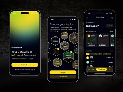 CryptoPulse - Ultimate Crypto News and Portfolio Tracker iOS App app application blockchain crypto cryptowallet design home screen ios mobile mobile app news onboarding portfolio tracker ui uiux user experience user interface web3 yx