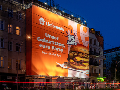 Giant OOH Poster for Lieferando's 15th anniversary activation anniversary berlin berlin at night branding burger dtp graphic design ooh poster poster design print design special offer vector art wrap poster