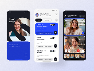 Online Meeting App – Snap Sync. app design call chat app conference live streaming meeting meetup mobile mobile app mobile ui online meet schedule ui ux videocall videochat virtual office zoom