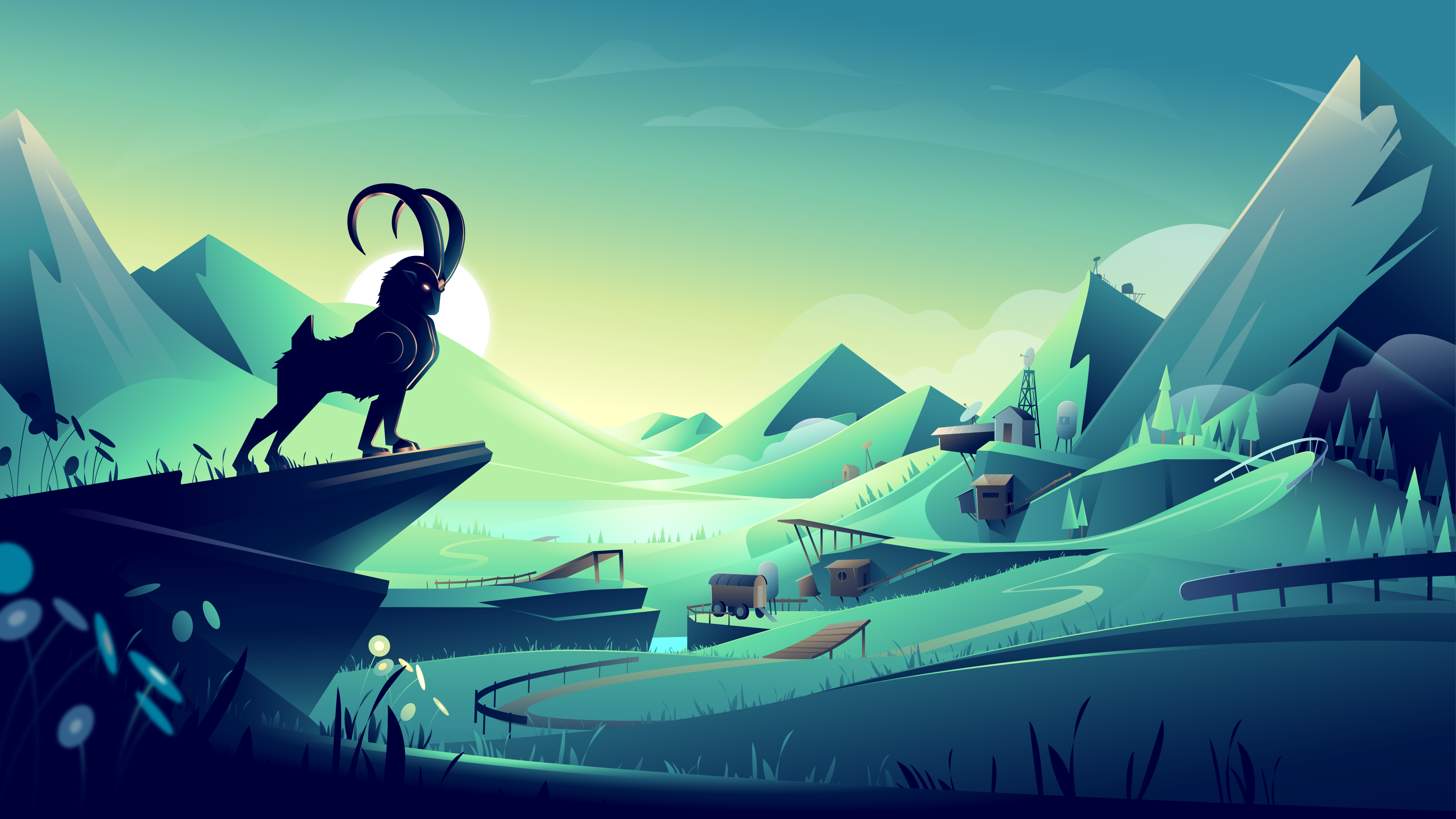 🐏 animal character cyberpunk dystopic illustration illustrator lake landscape mountain race racing vector