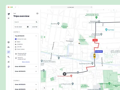 Taxi manager - web app: Trip Overview car dashboard data picker filters fleet management gps list location logistics map root saas search sidebar taxi web app web design