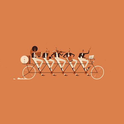 Collaboration bicycle character conductor drums illustration orchestra ride texture trumpet vector violin