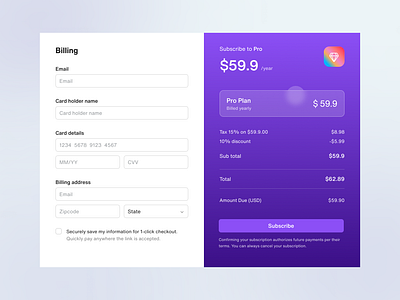 Billing Page Design billing branding clean dashboard design input pricing pricing page pro plan saas subscribe to pro subscription tax ui ui design uiux usd ux web web app