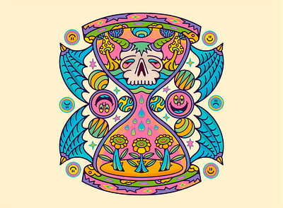 The Hourglass album branding colorful death design graphic design happy horn hourglass illustration merch mushroom psychedelic skull smile space trippy ui universe wing