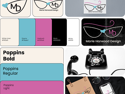 Marie Harwood Design Brandboard brand brandboard branding design glasses graphic design graphicdesign graphicdesigner graphics heart heartshaped illustration logo marieharwooddesign poppins retro smallbusiness telephone ux woman