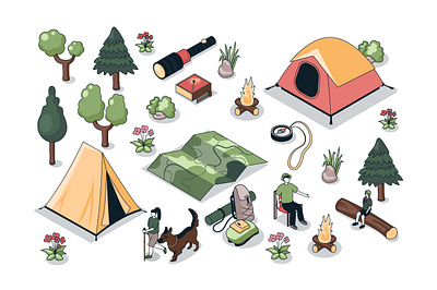Hiking Isometric Elements 3d camp camping character compas creator design forest graphic hiking illustration isometric isometry kit map people tourism travel vacation vector