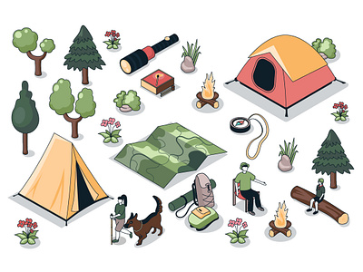 Hiking Isometric Elements 3d camp camping character compas creator design forest graphic hiking illustration isometric isometry kit map people tourism travel vacation vector