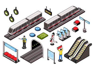City Subway Isometric Elements 3d branding city color design flat graphic icon illustration isometric isometry metro new york people railroad station subway train tunnel vector