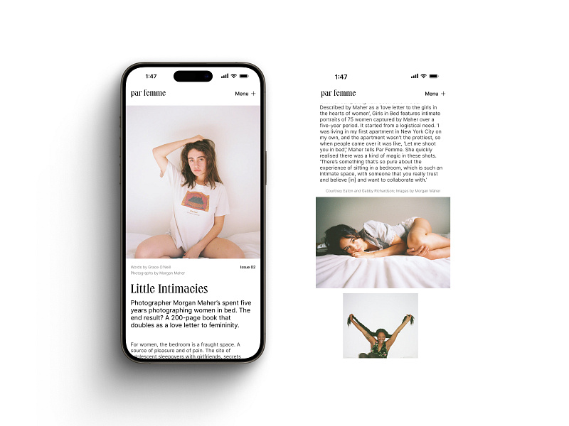 Mobile Layout Exploration / par femme app design design editorial figm figma layout mibile minimalist mobile design photography typography ui ui design uiux ux ux design uxui web web design white