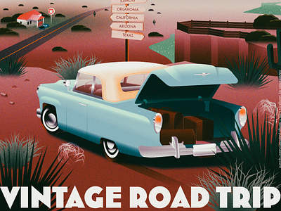 1950's vibe road trip scene 1950s art deco classic car illustration road trip travel vintage
