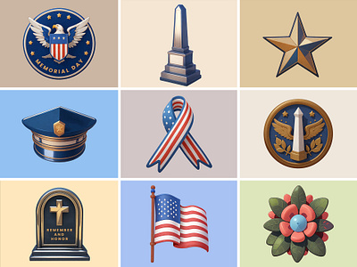 Memorial Day Icon Collection 3d american branding cartoon cute design eagle flag flower grave icon illustration memorial day monument pastel patriot day police rendering soldier star