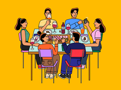 Dinner with friends branding colorful design dinner out drawing editorial editorial illustration elisa falchini flat food graphic design illustrated illustration illustrator minimal outline outline illustration people summer wine