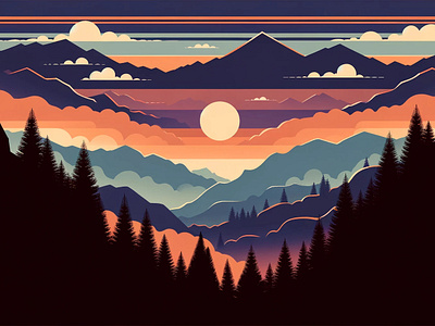 Illustration 05 - Sunset Symphony digital art dusk forest harmony illustration landscape mountains nature sunset vector art