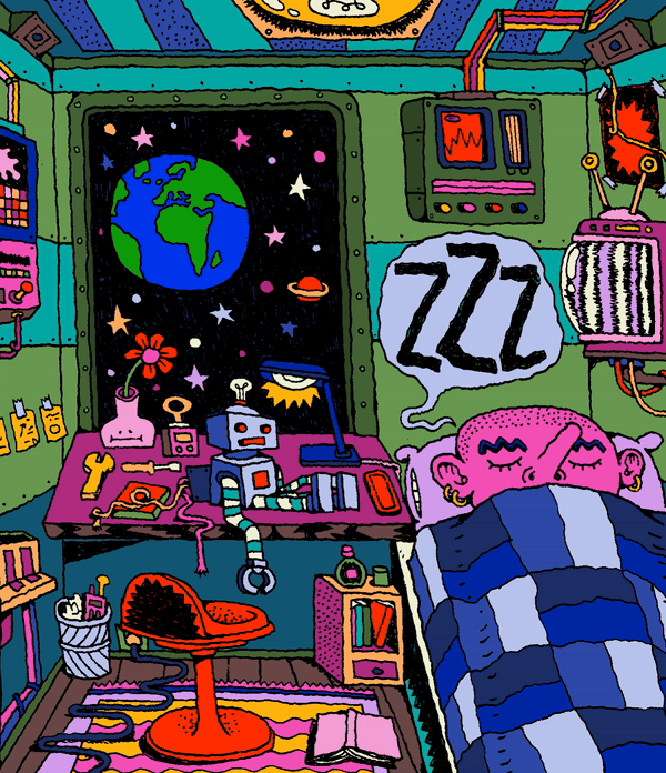 Catching Up on some Zs, by Melcher Oosterman animation conceptual illustration editorial illustration galaxy gif humour illustration illustrationart illustrationartist illustrationzone illustrator melcher oosterman space space travel spaceship travel