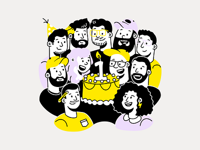 Heyo is turning one! agency anniversary avatars birthday brand branding clean design graphic design headshots illustrated illustration people team