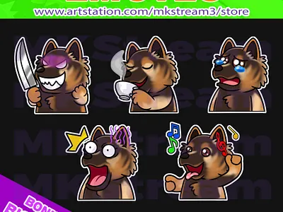 Twitch emotes german shepherd dog knife, sip, shock, cry & dance animated emotes anime cry emotes cute dancing design discord emotes dog dog bemotes emote emotes evil face german shepherd dog german shepherd dog emotes illustration sad shock emotes sip emotes sub badge twitch emotes