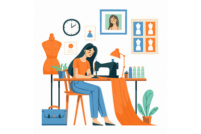 National Sewing Machine Day Illustration artist beautiful celebration clothes craft day fabric machine national needle office outfit passion room sewing string tailor tools woman workshop