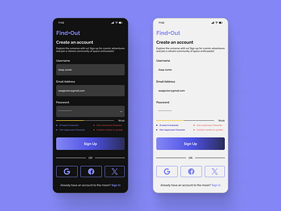 Find Out - Mobile Sign Up branding dark mode graphic design illustration light mode login mobile mobile design register sign in sign up ui