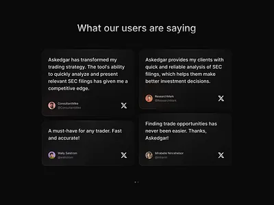 Testimonials card cards clean dark mode dark theme landing page testimonials ui web design
