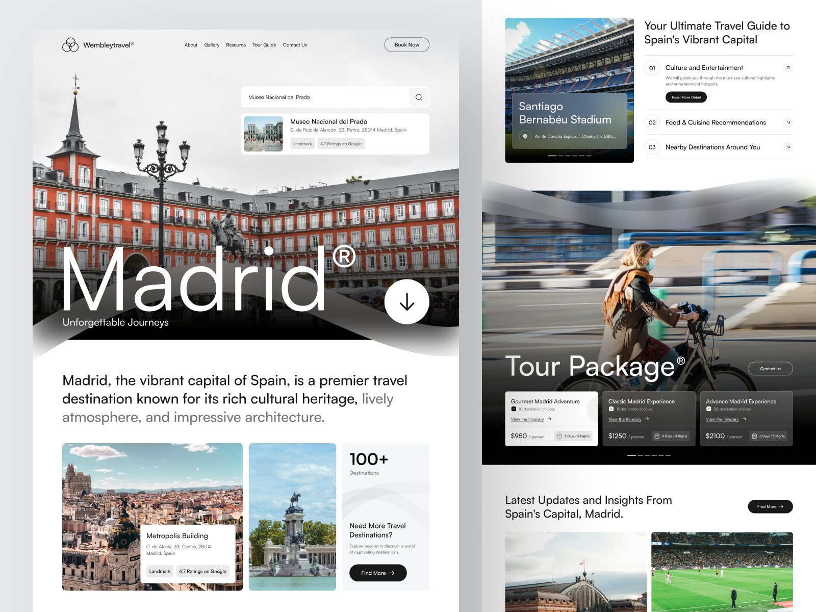 Wembleytravel - Madrid Travel Website architecture city clean culture desinations fresh landing page madrid madrid website spain tour guide travel travel tour ui ui design web designer webflow website website designer