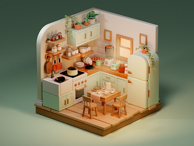 3D Illustration Isometric Kitchen 3dmodeling blender 3d design illustration interior isometric kitchen low poly stylized visualization