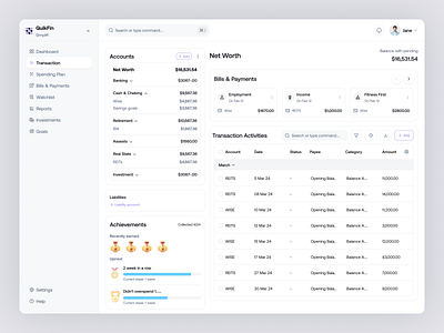 QuikFin Finance Transaction page app design banking chart dashboard filllo finance financedashboard fintech fintech app investment money transfer online banking payment saas savings statistics transactions ui uiux web design