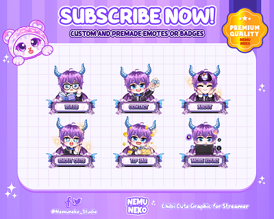 Custom Chibi Boy with Puple Hair Panel by Nemuneko Studio ❤️ animation branding chibi emotes chibi panel cute emotes cute panel design discord graphic design illustration logo nemuneko nemuneko studio panel panel chibi panel twitch purple hair twitch twitch emotes vtuber