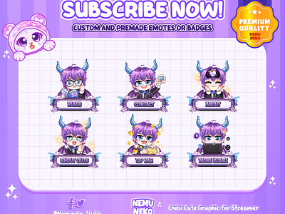 Custom Chibi Boy with Puple Hair Panel by Nemuneko Studio ❤️ animation branding chibi emotes chibi panel cute emotes cute panel design discord graphic design illustration logo nemuneko nemuneko studio panel panel chibi panel twitch purple hair twitch twitch emotes vtuber