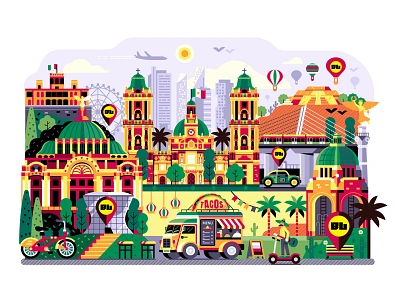 Mexico City Vibes art print card city cityscape flat design food geometric illustration landmarks mexico poster scene skyline street tacos travel truck