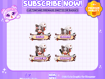 Chibi Wolf Chef Panel by Nemuneko Studio animation branding chef chibi emotes chibi wolf cooking cute emotes cute panel cute wolf design graphic design illustration logo nemuneko panel panel art panel chibi panel for twitch twitch emotes wolf